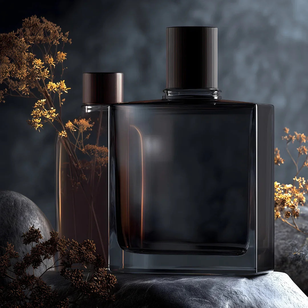 Two luxury dark glass perfume bottles with black caps resting on a grey stone with dried flowers.