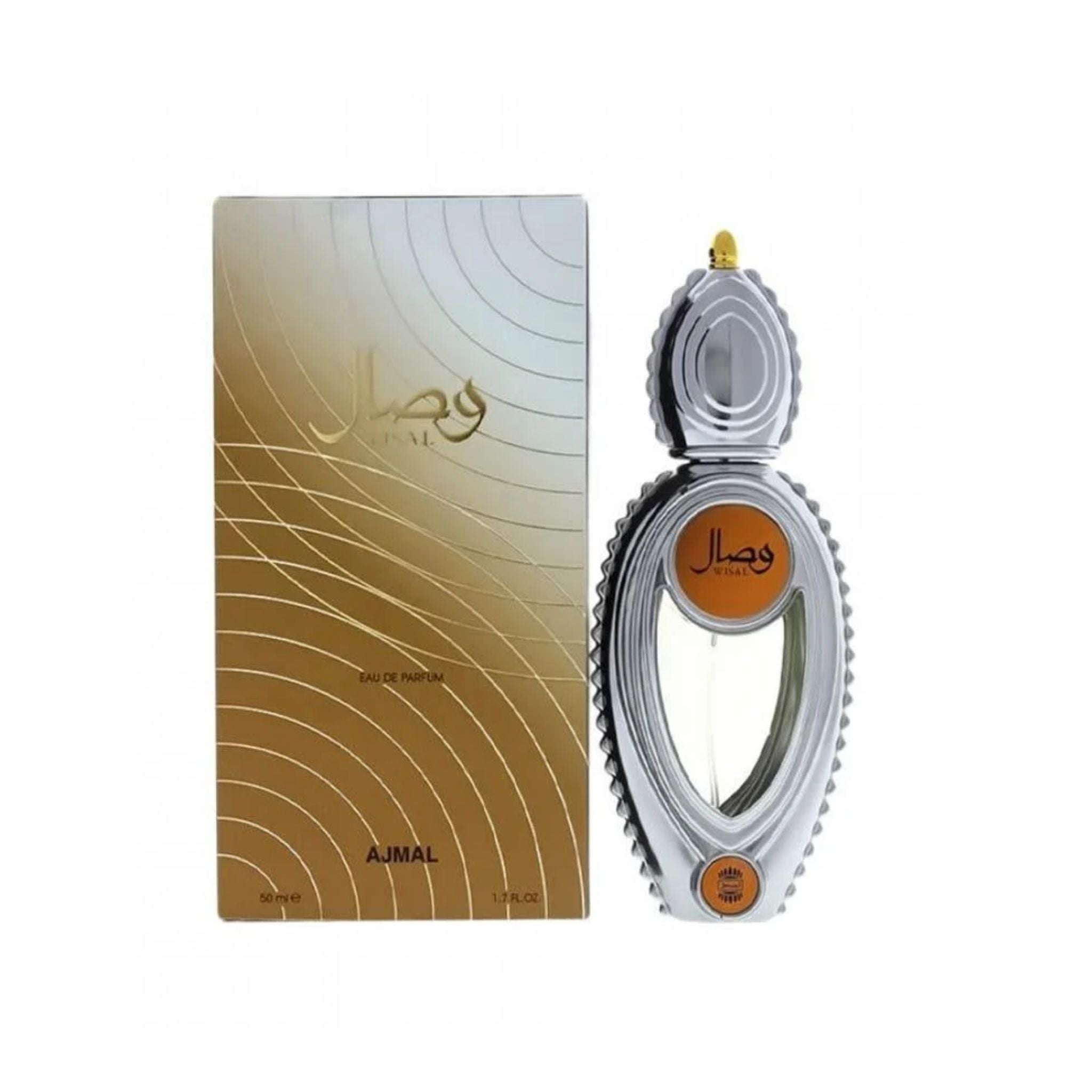 Ajmal Wisal For Women Edp 50ml original bottle placed neatly beside its authentic retail box packaging