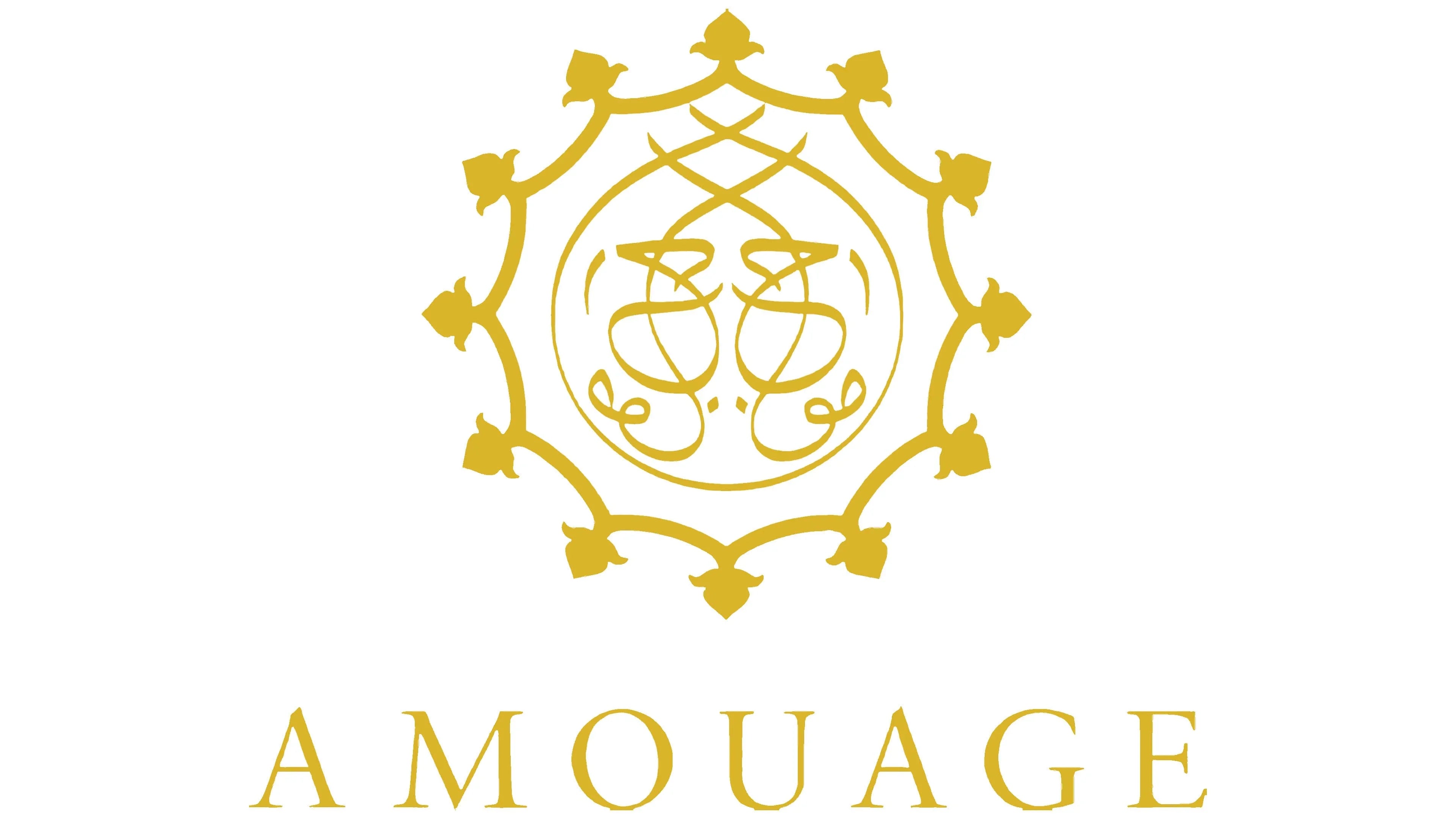 Gold Amouage luxury perfume brand logo on a white background