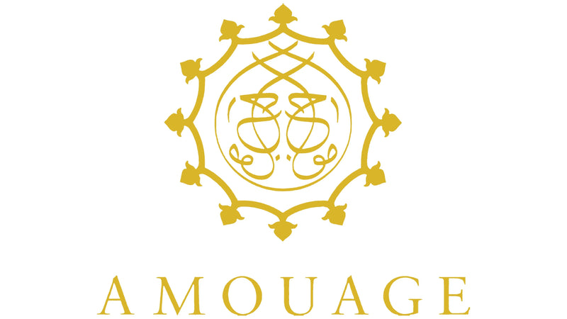 Gold Amouage luxury perfume brand logo on a white background