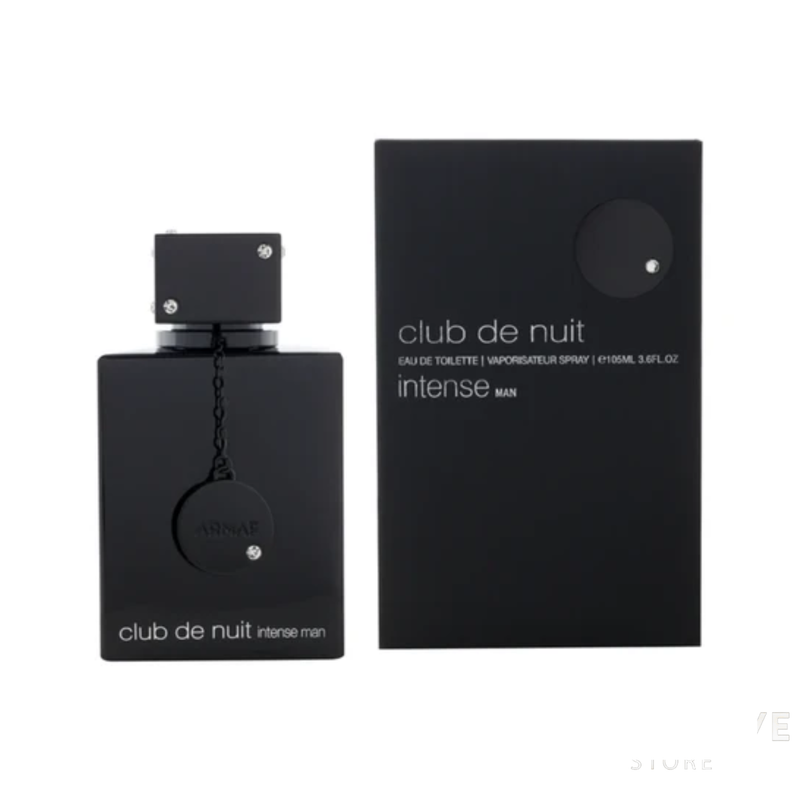 Armaf Club De Nuit Intense Man EDT matte black perfume bottle displayed alongside its original factory-sealed outer packaging box