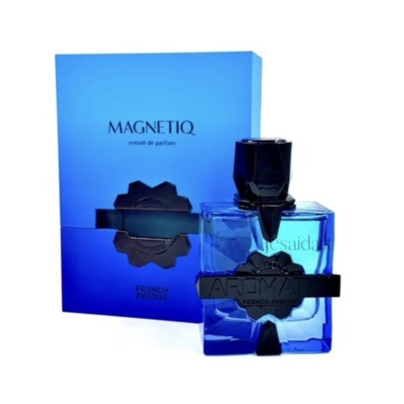 Aromatix X French Avenue Magnetiq 100ml EDP perfume bottle standing upright next to its matching luxury retail box packaging