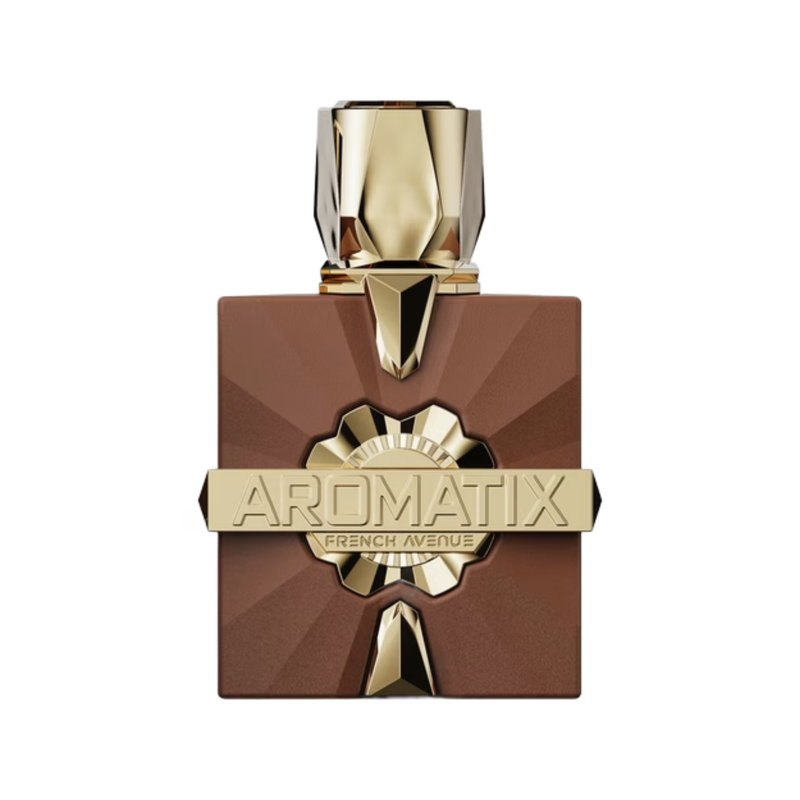 Aromatix X French Avenue Royal Taboo 100ml EDP perfume bottle front view featuring dark luxury glass and gold details