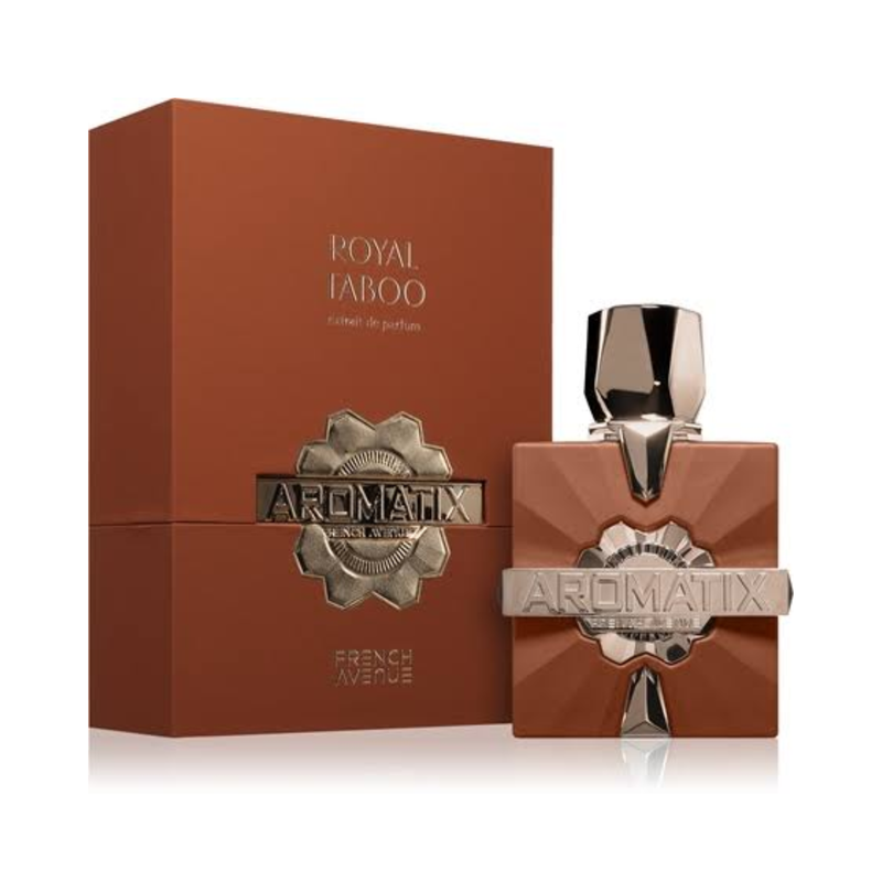 Aromatix X French Avenue Royal Taboo 100ml EDP perfume bottle standing upright next to its regal matching retail box packaging