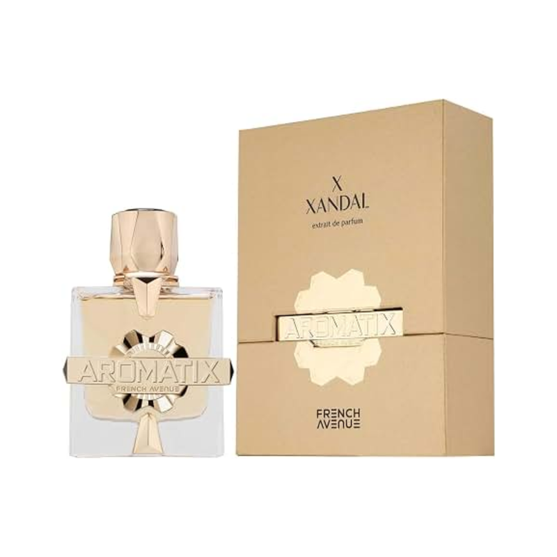 Aromatix X French Avenue X Xandal 100ml EDP perfume bottle standing upright next to its matching luxury retail box packaging