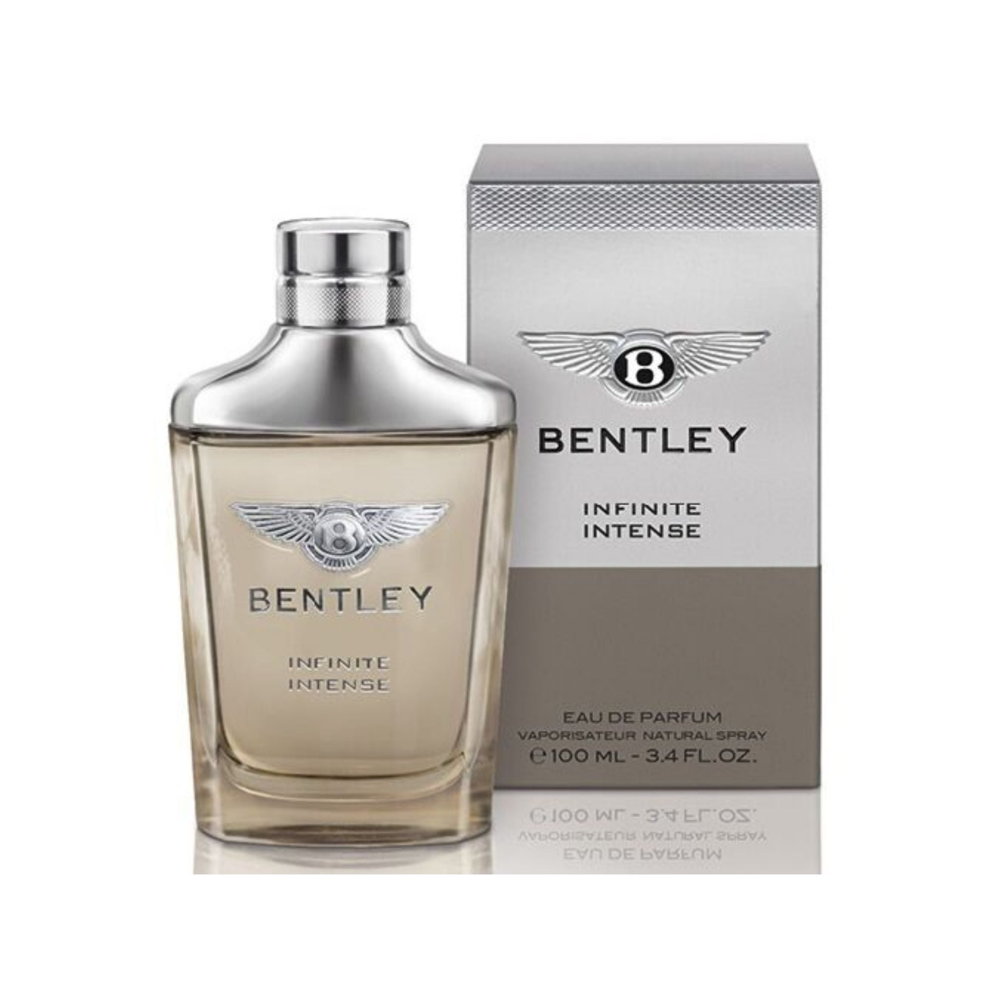 Bentley Infinite Intense For Men Edp 100ml original bottle displayed next to its sturdy branded box packaging