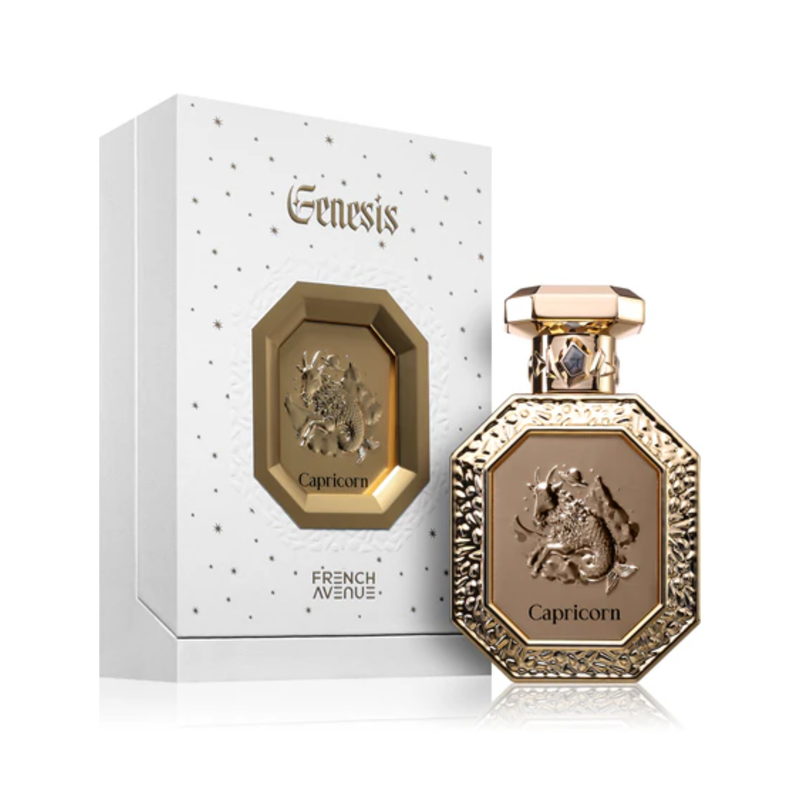Capricorn French Avenue Unisex Eau De Parfum 90ml perfume bottle standing beside original presentation box