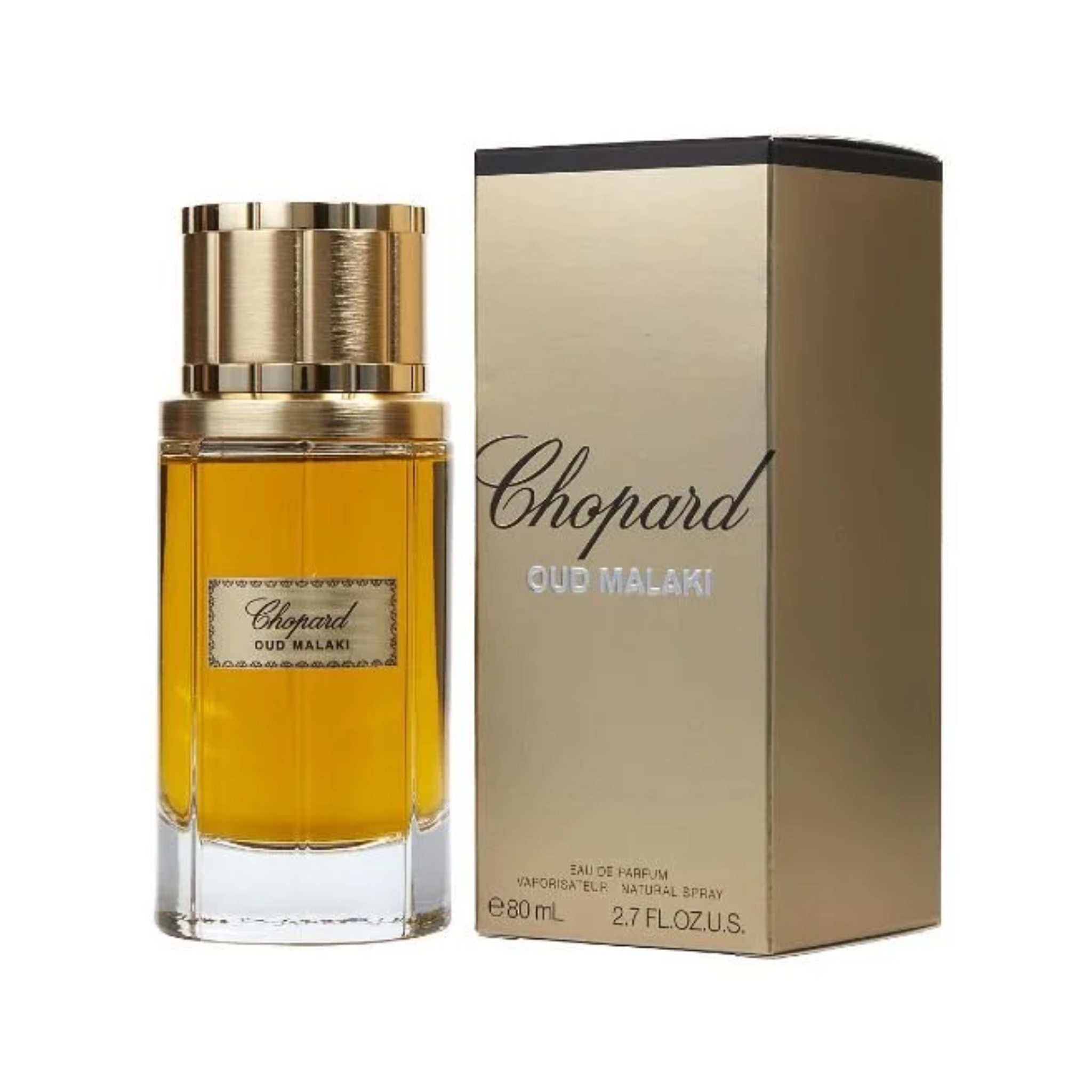 Chopard Oud Malaki for Men EDP 80ml bottle displayed alongside its original factory-sealed outer packaging box