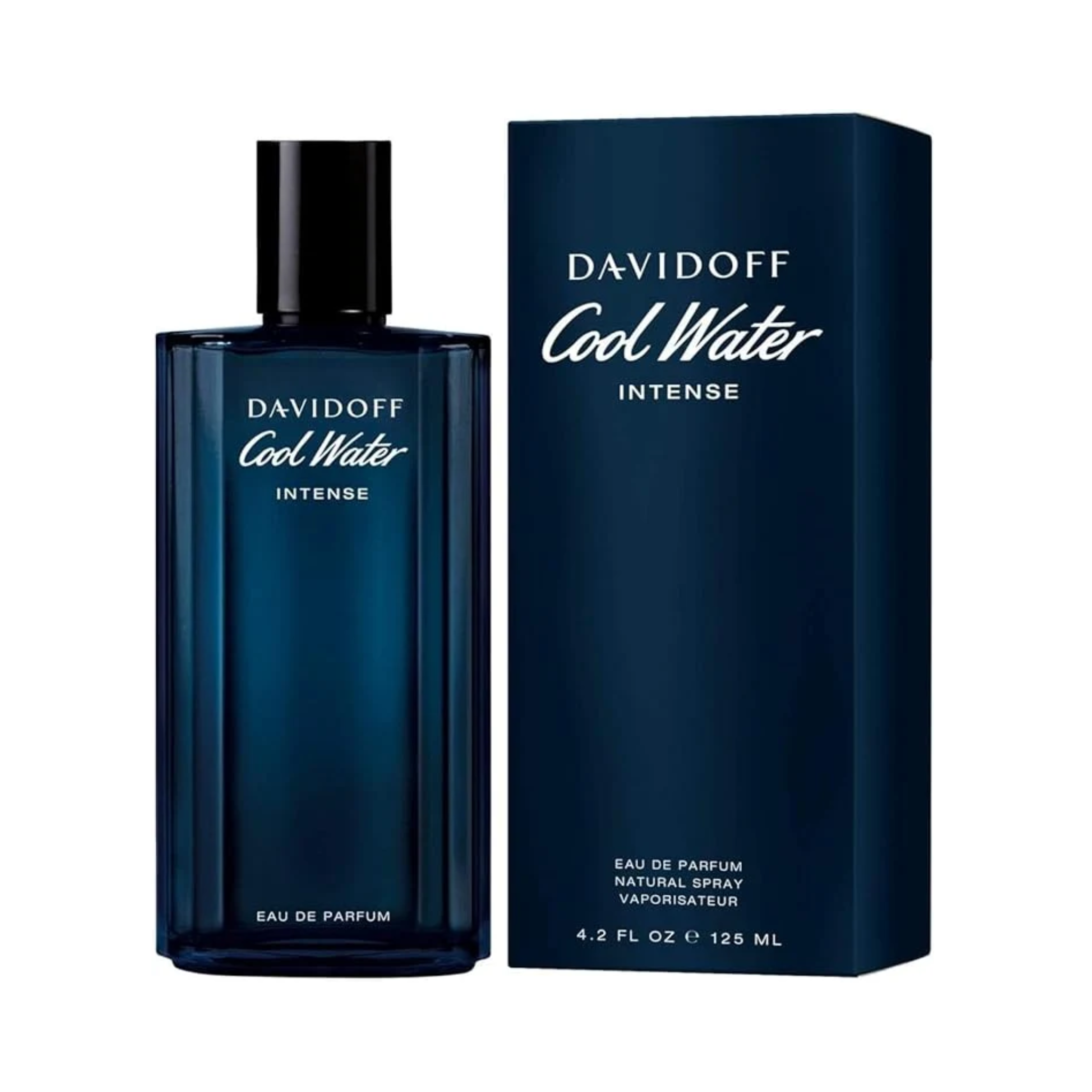 Davidoff Cool Water Intense For Men EDP 125ml bottle placed next to its original branded retail box packaging