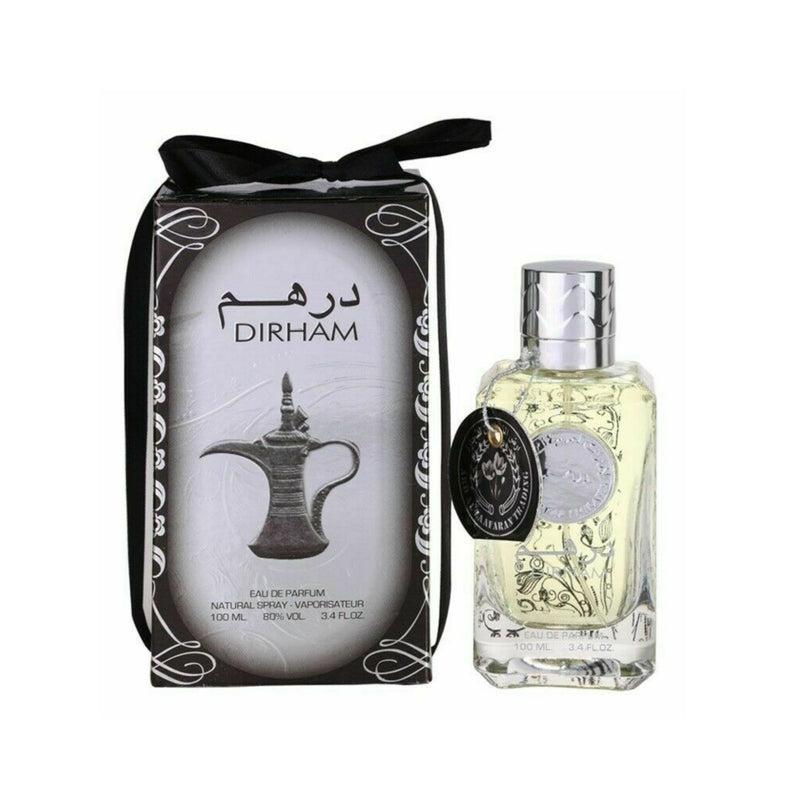 Dirham Ard Al Zaafaran for Men and Women Edp 100ml perfume bottle placed next to its official outer box packaging