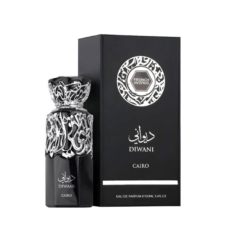 Diwani Cairo French Avenue perfume bottle placed beside its premium matching decorative outer box packaging.