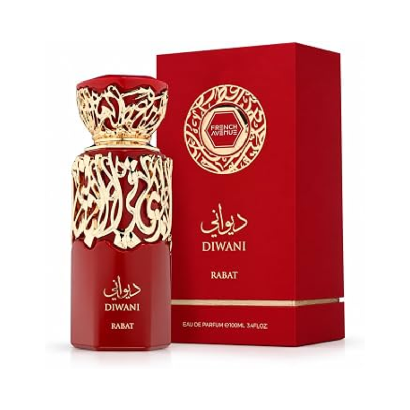 Diwani Rabat French Avenue perfume bottle placed beside its premium matching decorative outer box packaging.