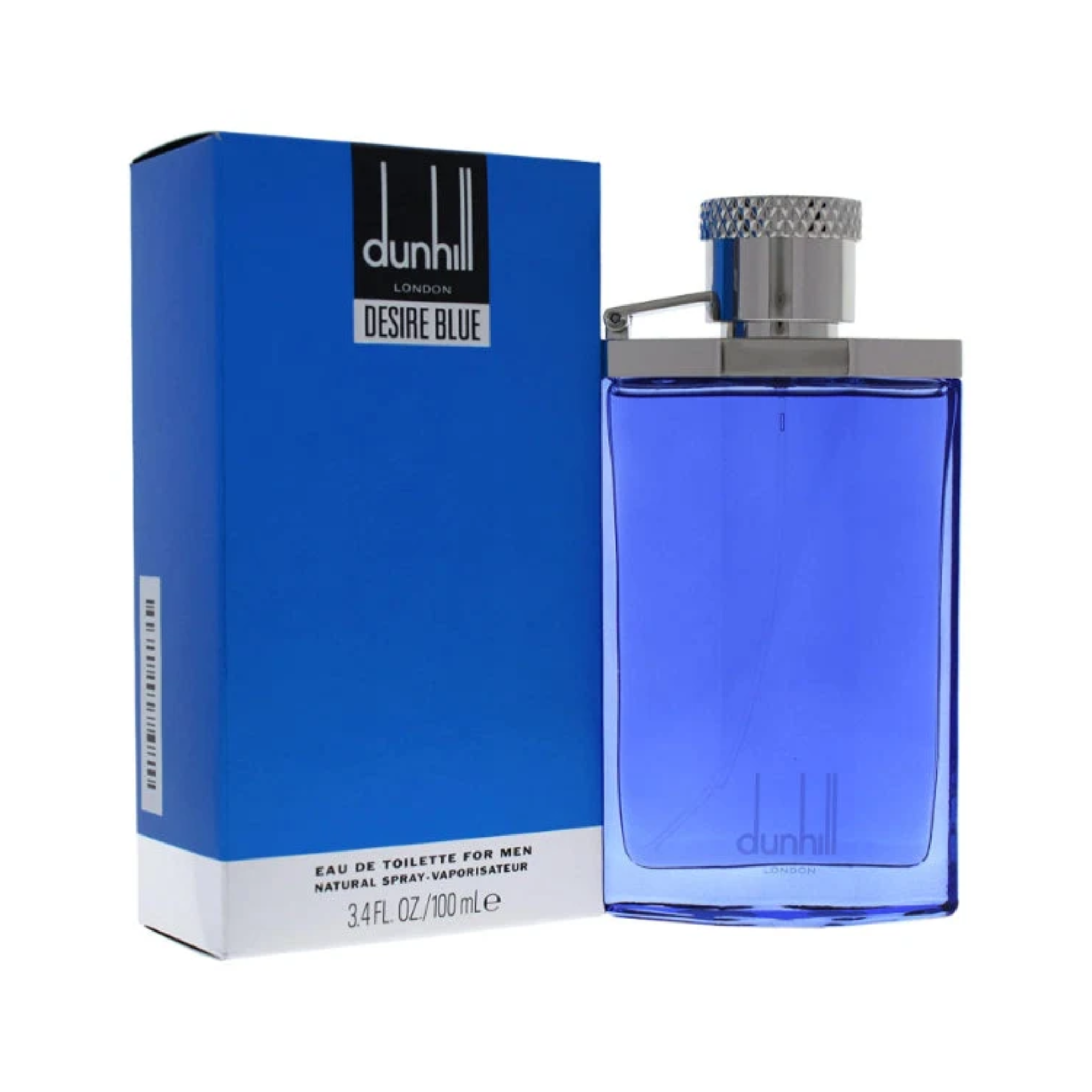 Dunhill Desire Blue For Men EDT 100ml bottle positioned next to its original silver and blue retail box packaging