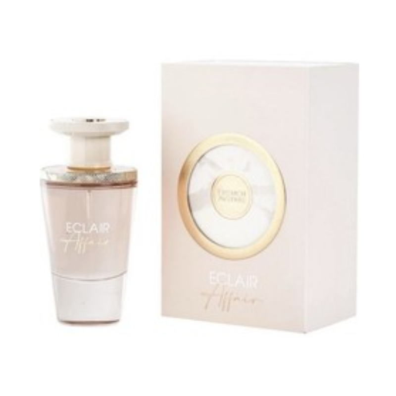Eclair Affair French Avenue perfume bottle placed beside its premium matching decorative outer box packaging.