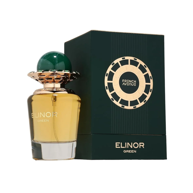 Elinor Green French Avenue For Women Eau De Parfum 100ml perfume bottle standing beside original green packaging box