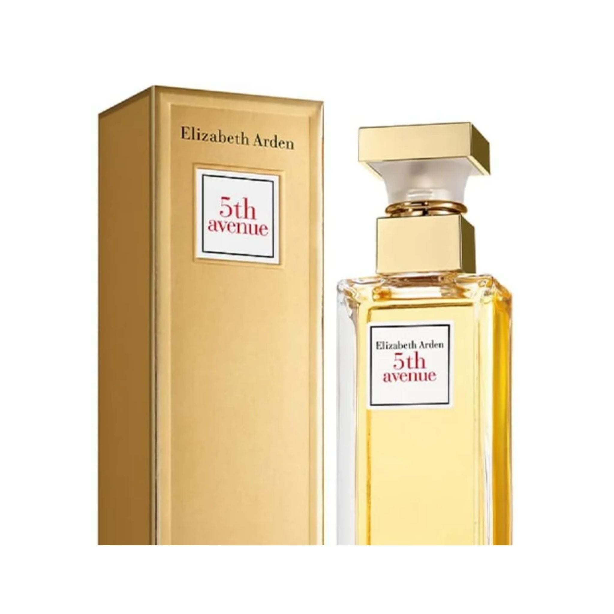 Elizabeth Arden 5th Avenue Women Edp 125ml original bottle displayed next to its iconic gold-trim box packaging
