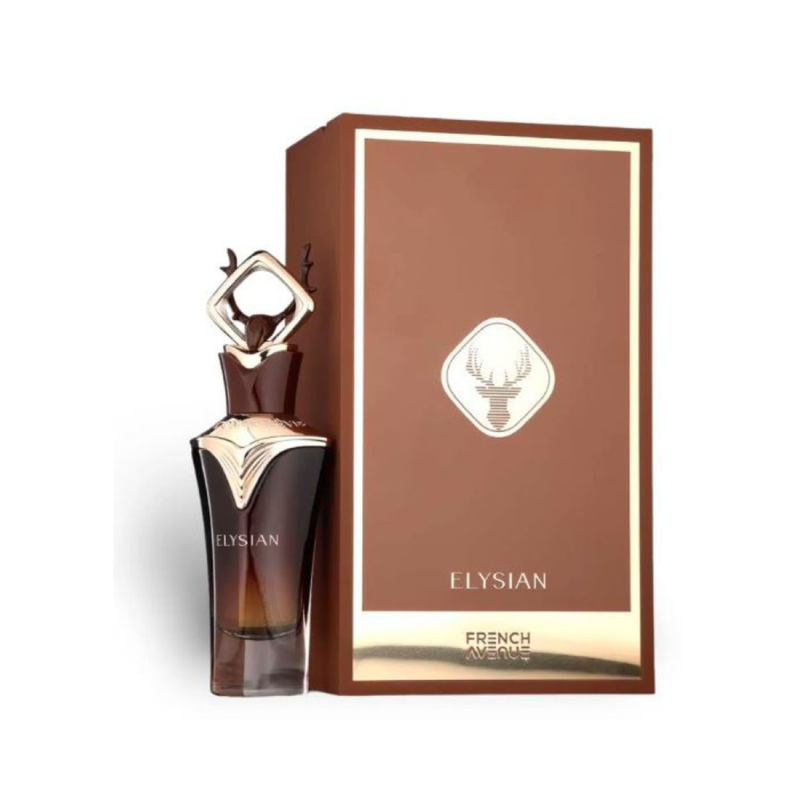 Elysian French Avenue For Men Eau De Parfum 100ml perfume bottle standing beside original premium wooden presentation box