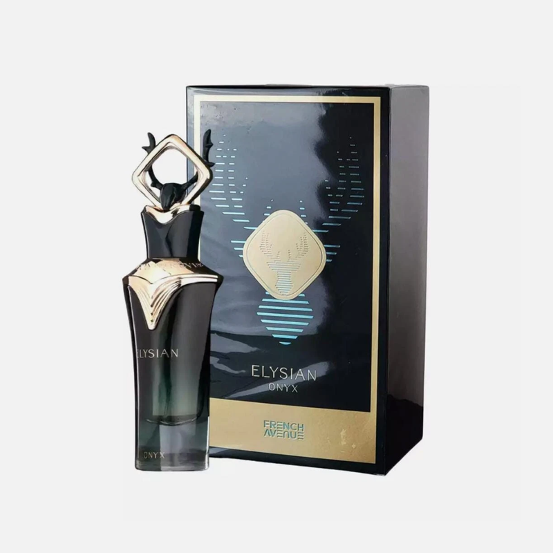 Elysian Onyx French Avenue For Men Eau De Parfum 100ml perfume bottle standing beside original luxury packaging box