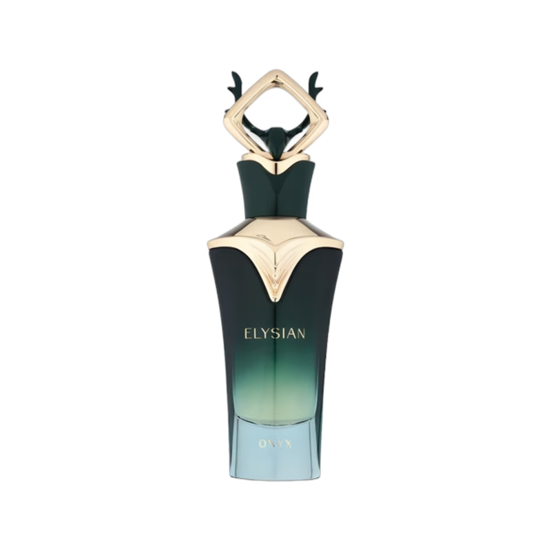 Elysian Onyx French Avenue For Men Eau De Parfum 100ml sleek black glass bottle with gold cap