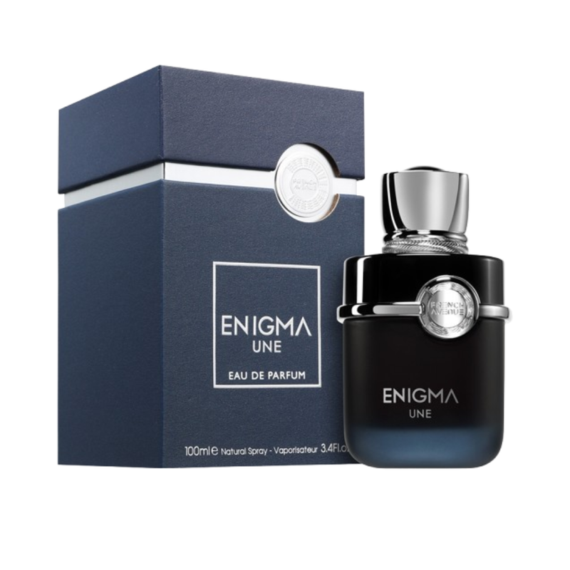 Enigma Une French Avenue For Men Eau De Parfum 100ml perfume bottle standing beside original presentation box