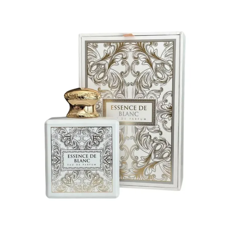Essence De Blanc French Avenue Unisex Eau De Parfum 100ml perfume bottle standing beside original white packaging box