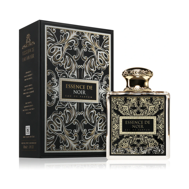 Essence De Noir French Avenue Unisex Eau De Parfum 100ml perfume bottle standing beside original luxury packaging box