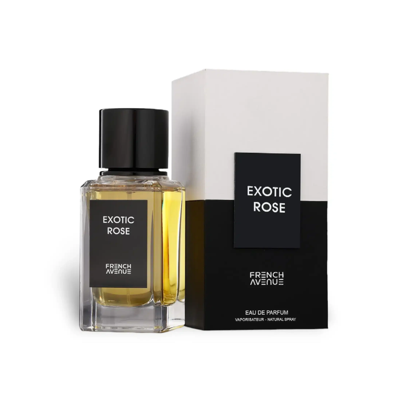 Exotic Rose French Avenue Unisex Eau De Parfum 100ml perfume bottle standing beside original luxury packaging box