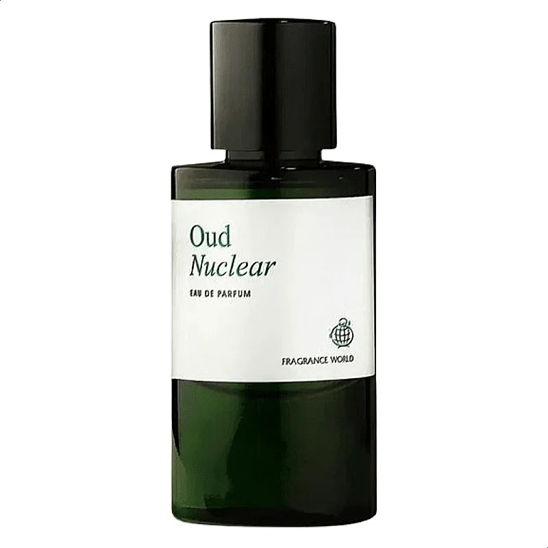 Fragrance World Oud Nuclear Eau De Parfum 60ml premium heavy glass bottle for men and women showcasing original branding and dark luxury design.