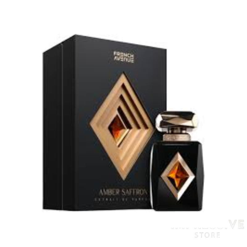 French Avenue Amber Saffron perfume bottle placed next to its original box packaging