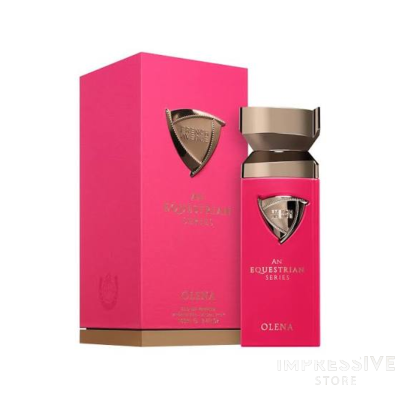 French Avenue An Equestrian Series Olena perfume bottle placed beside its luxury box packaging