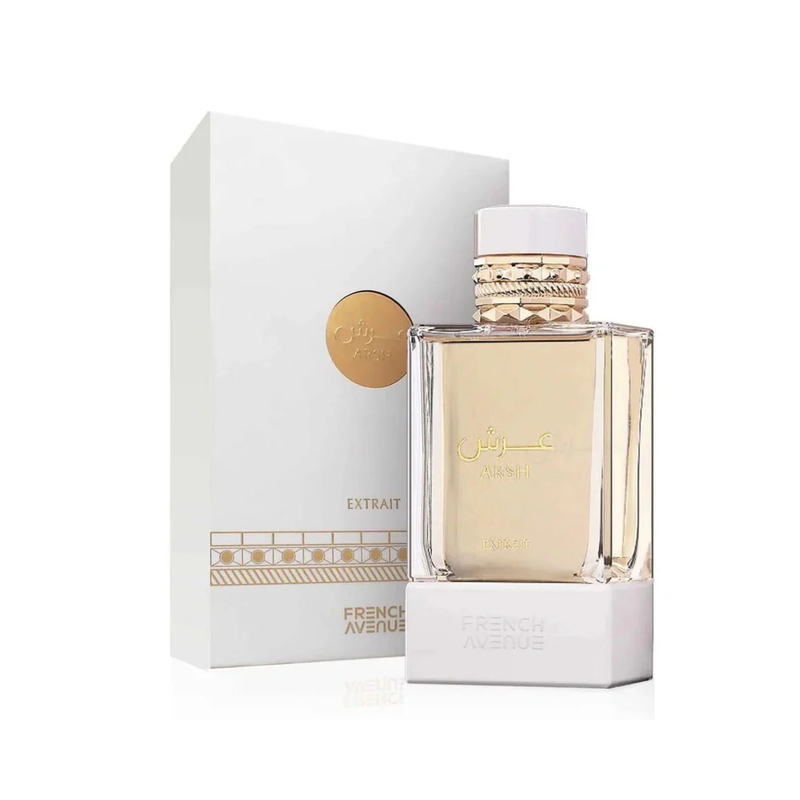 French Avenue Arsh 100ml EDP perfume bottle standing upright next to its matching luxury retail box packaging