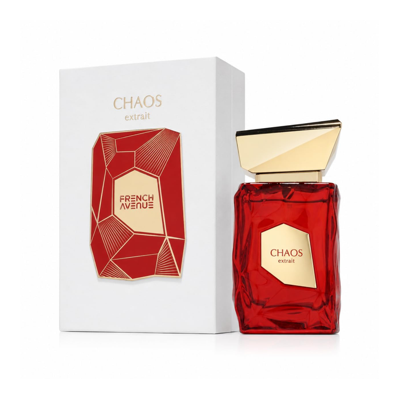 French Avenue Chaos 100ml EDP perfume bottle standing upright next to its matching luxury retail box packaging