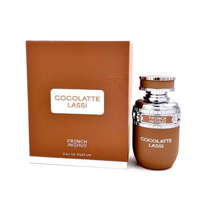 French Avenue Cocolatte Lassi 100ml EDP perfume bottle standing upright next to its matching luxury retail box packaging