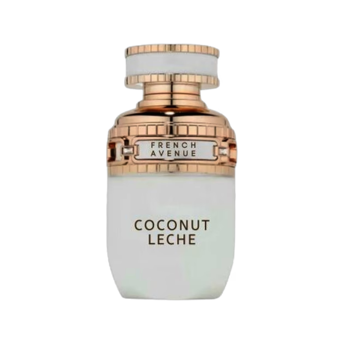 French Avenue Coconut Leche 100ml EDP perfume bottle front view featuring creamy tropical aesthetic design and luxury cap