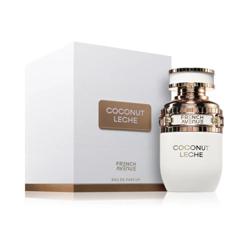 French Avenue Coconut Leche 100ml EDP perfume bottle standing upright next to its matching luxury retail box packaging
