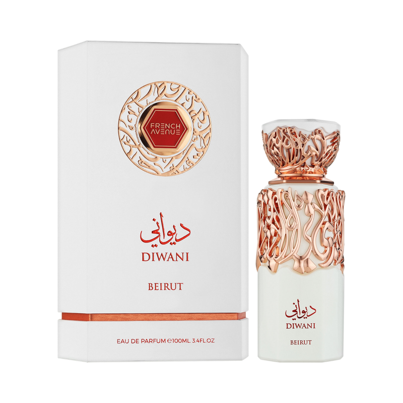 French Avenue Diwani Beirut 100ml EDP perfume bottle standing upright next to its matching luxury retail box packaging