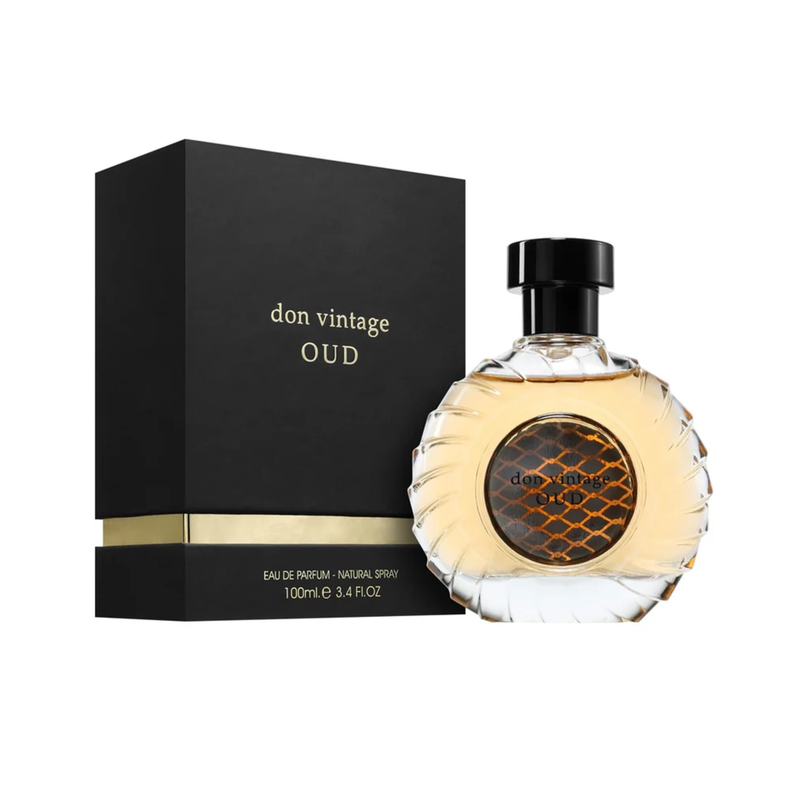 French Avenue Don Vintage Oud perfume bottle placed beside its premium matching decorative outer box packaging.