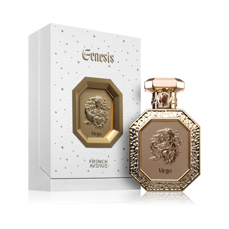 French Avenue Genesis Virgo perfume bottle displayed alongside its official packaging box