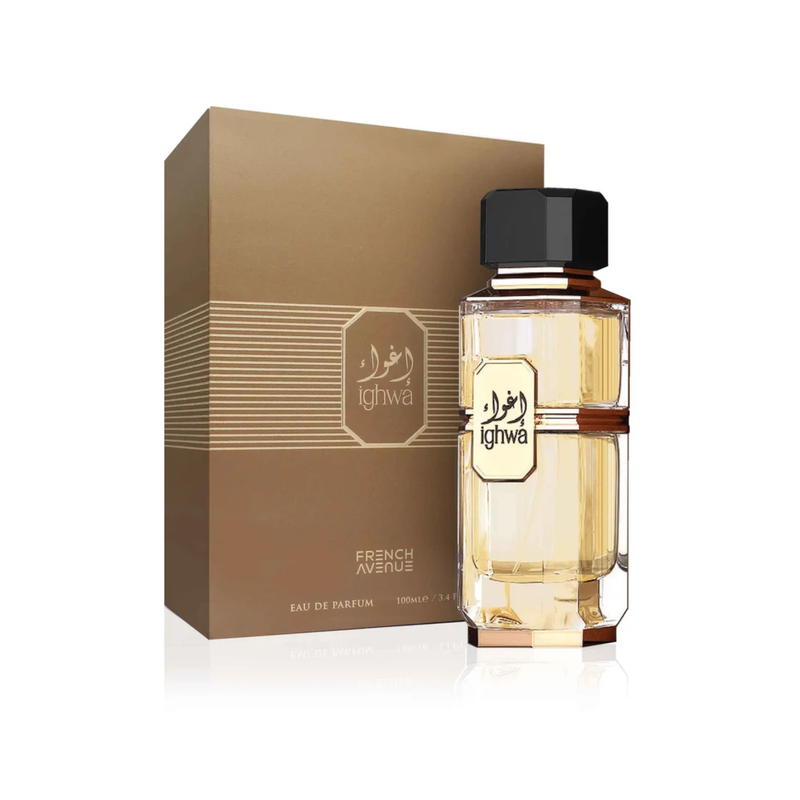 French Avenue Ighwa perfume bottle displayed alongside its official packaging box