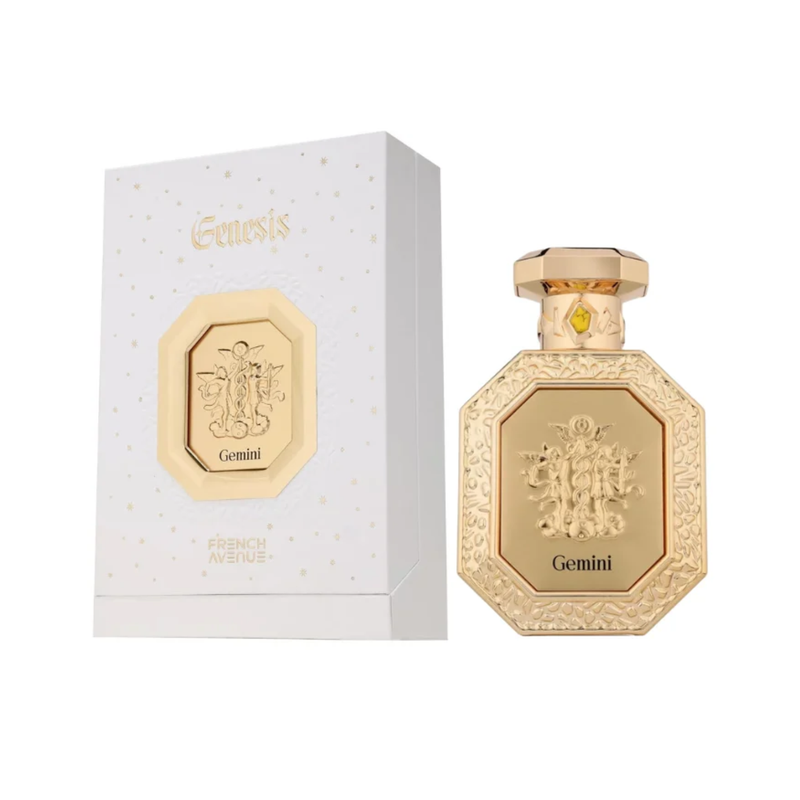 Gemini French Avenue Unisex Eau De Parfum 90ml perfume bottle standing beside original presentation box