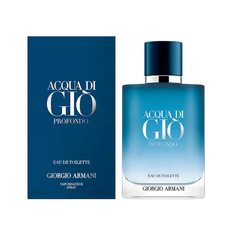Giorgio Armani Acqua di Gio Profondo for Men Edt 100ml bottle displayed alongside its original factory-sealed outer packaging box.