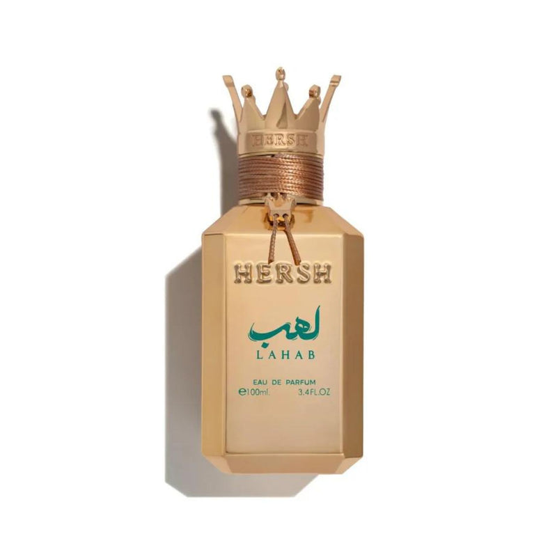 Hersh Lahab EDP 100ml golden perfume bottle featuring crown cap and green Arabic calligraphy front design