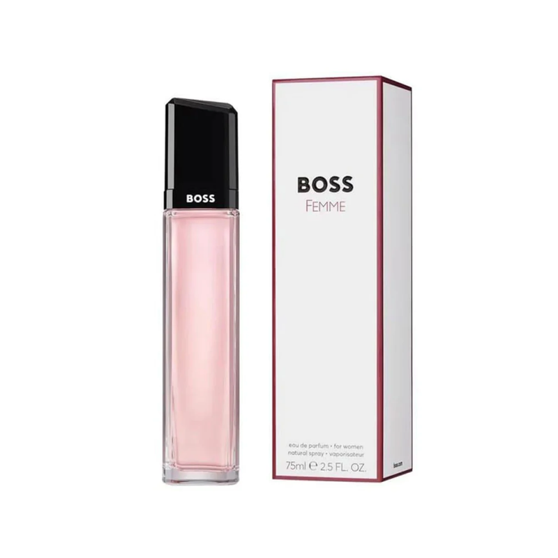 Hugo Boss Femme for Women EDP 75ml bottle displayed alongside its original factory-sealed outer packaging box