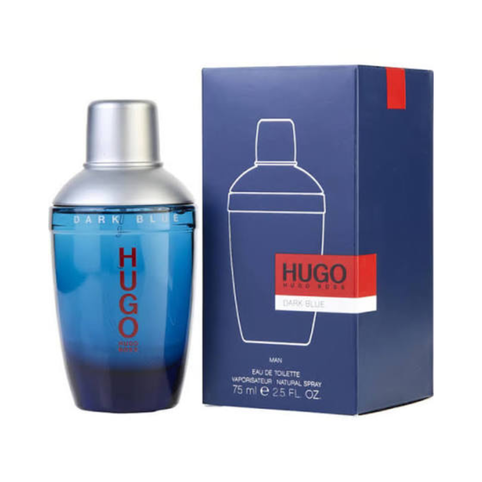 Hugo Boss Hugo Dark Blue For Men EDT 75ml bottle posed beside its original branded outer box packaging
