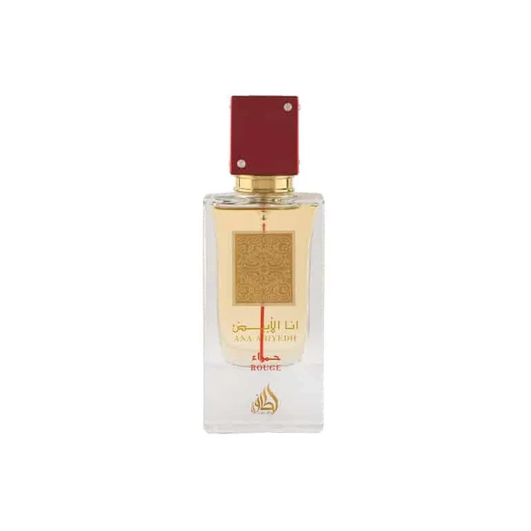 Lattafa Ana Abiyedh Rouge Eau De Parfum 60ml bottle and packaging box displaying elegant amber woody fragrance presentation.