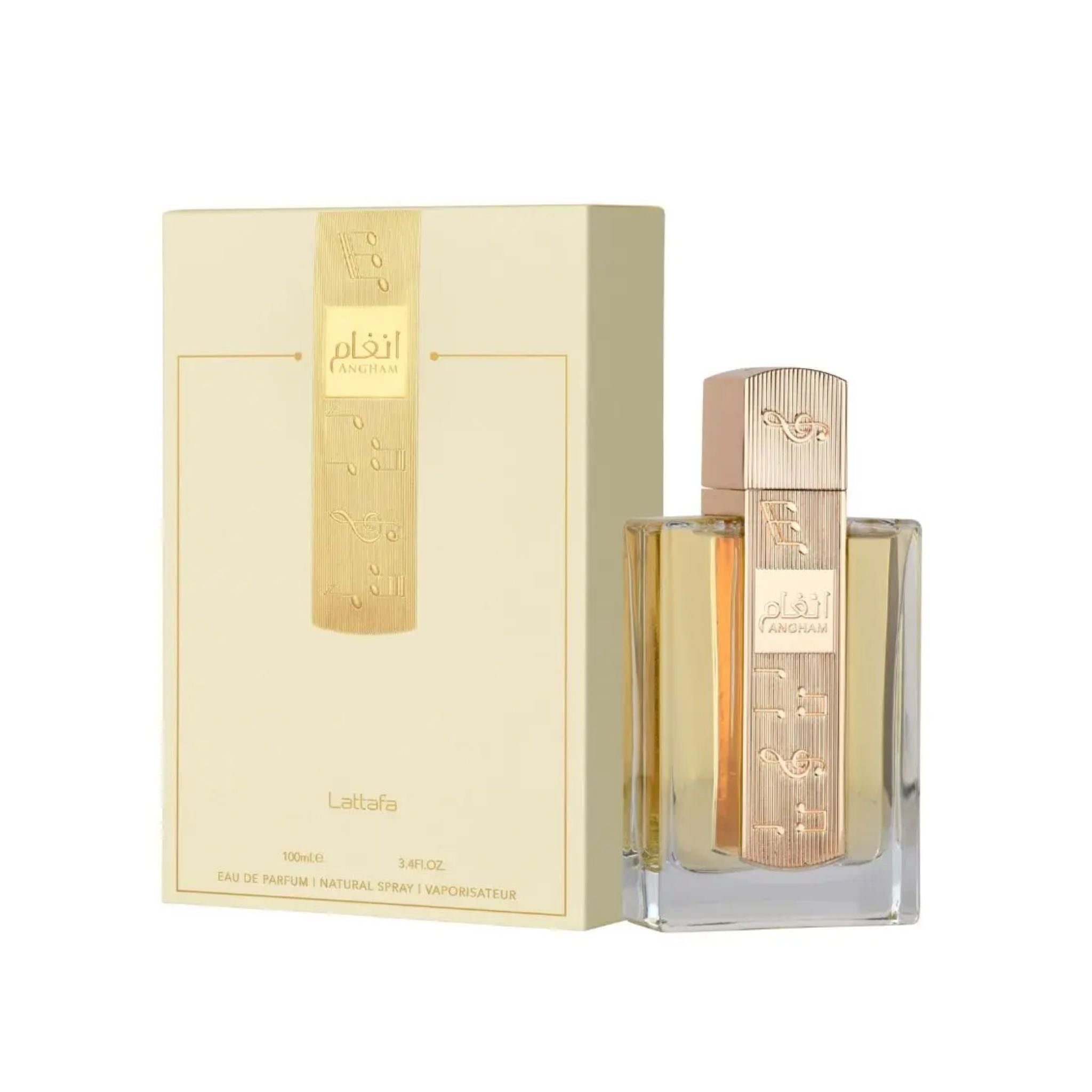 Lattafa Angham For Men And Women EDP 100ml perfume bottle displayed next to its original designer box packaging.