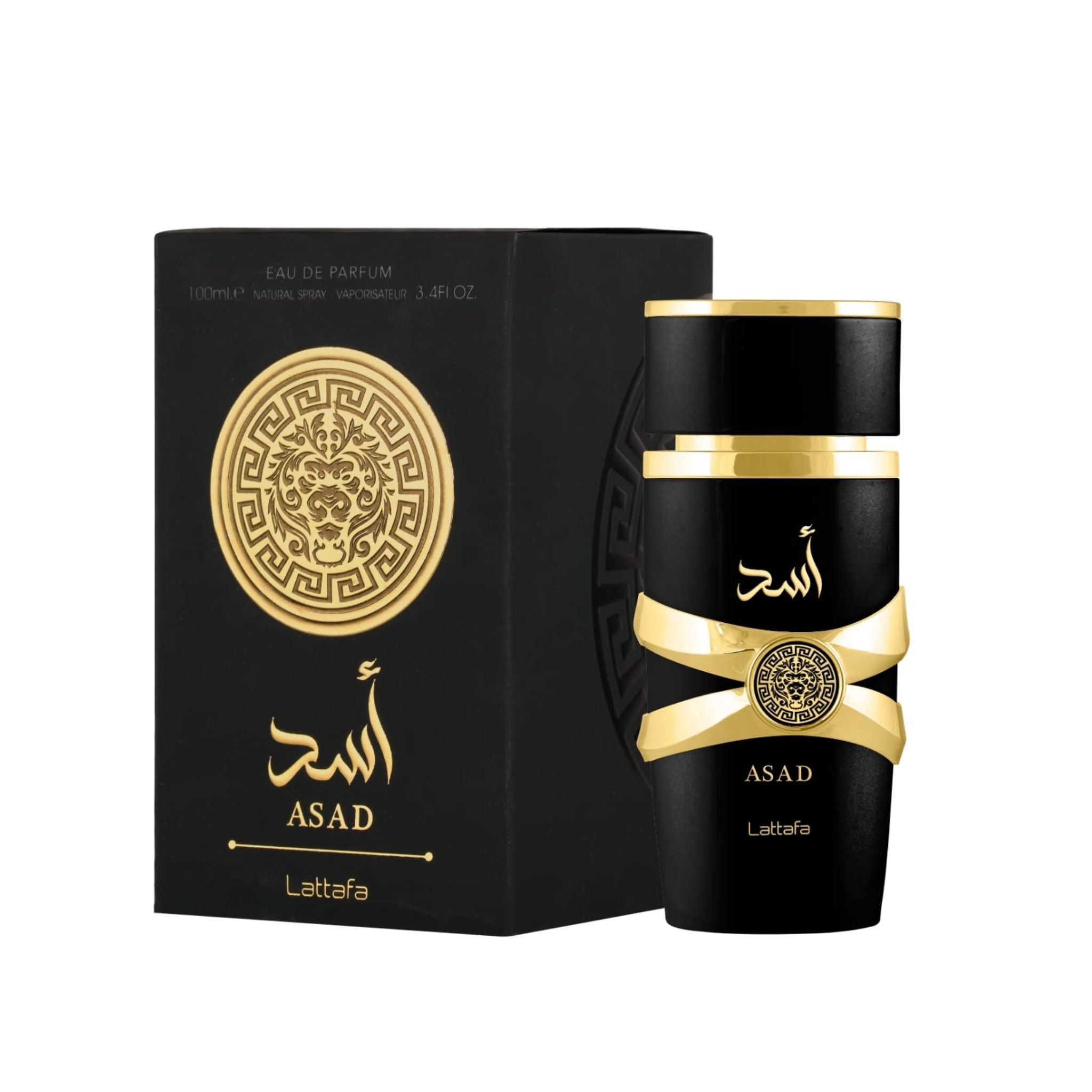 Lattafa Asad For Men EDP 100ml perfume bottle placed next to its official outer box packaging