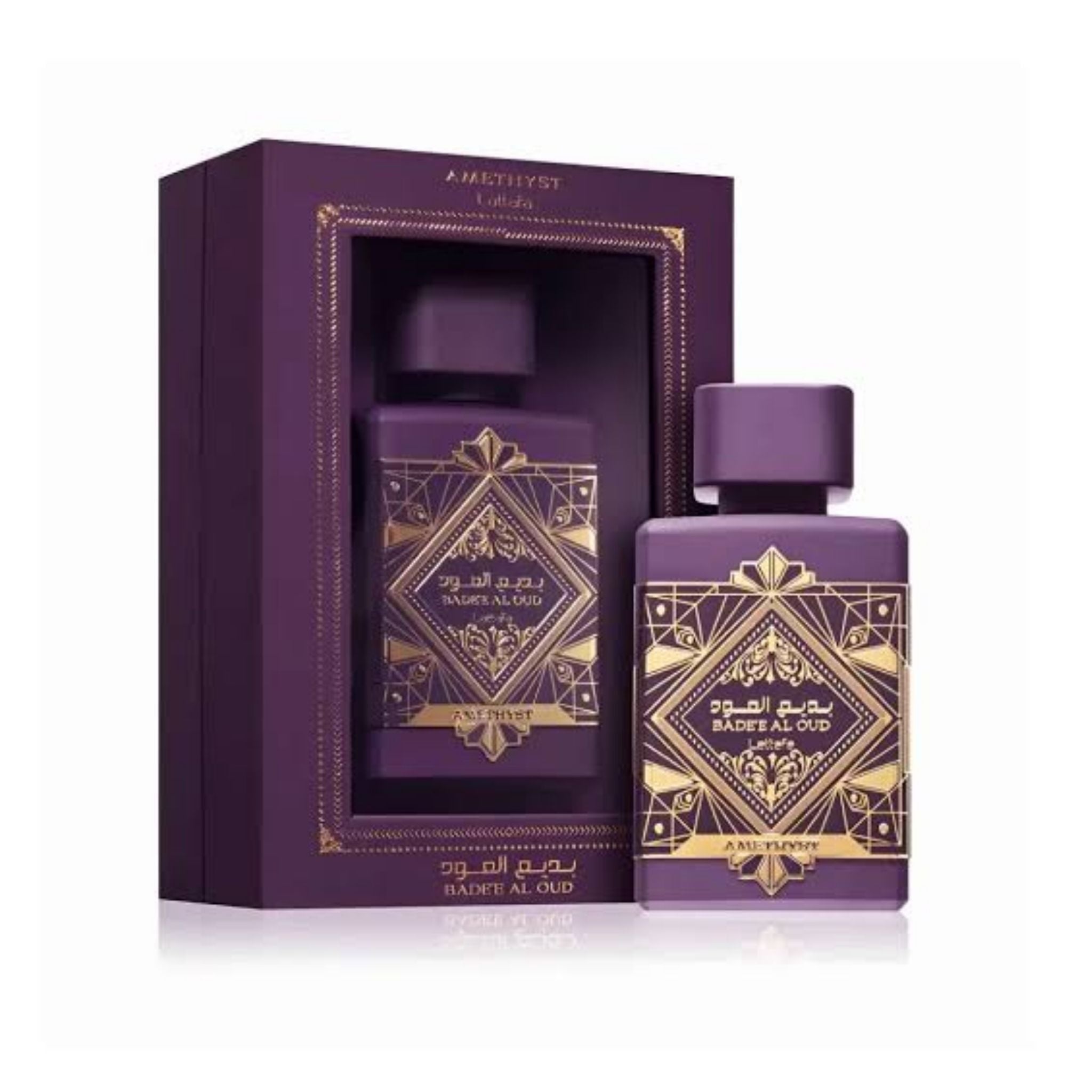 Lattafa Badee Al Oud Amethyst EDP 100ml Perfume Bottle and Box Packaging