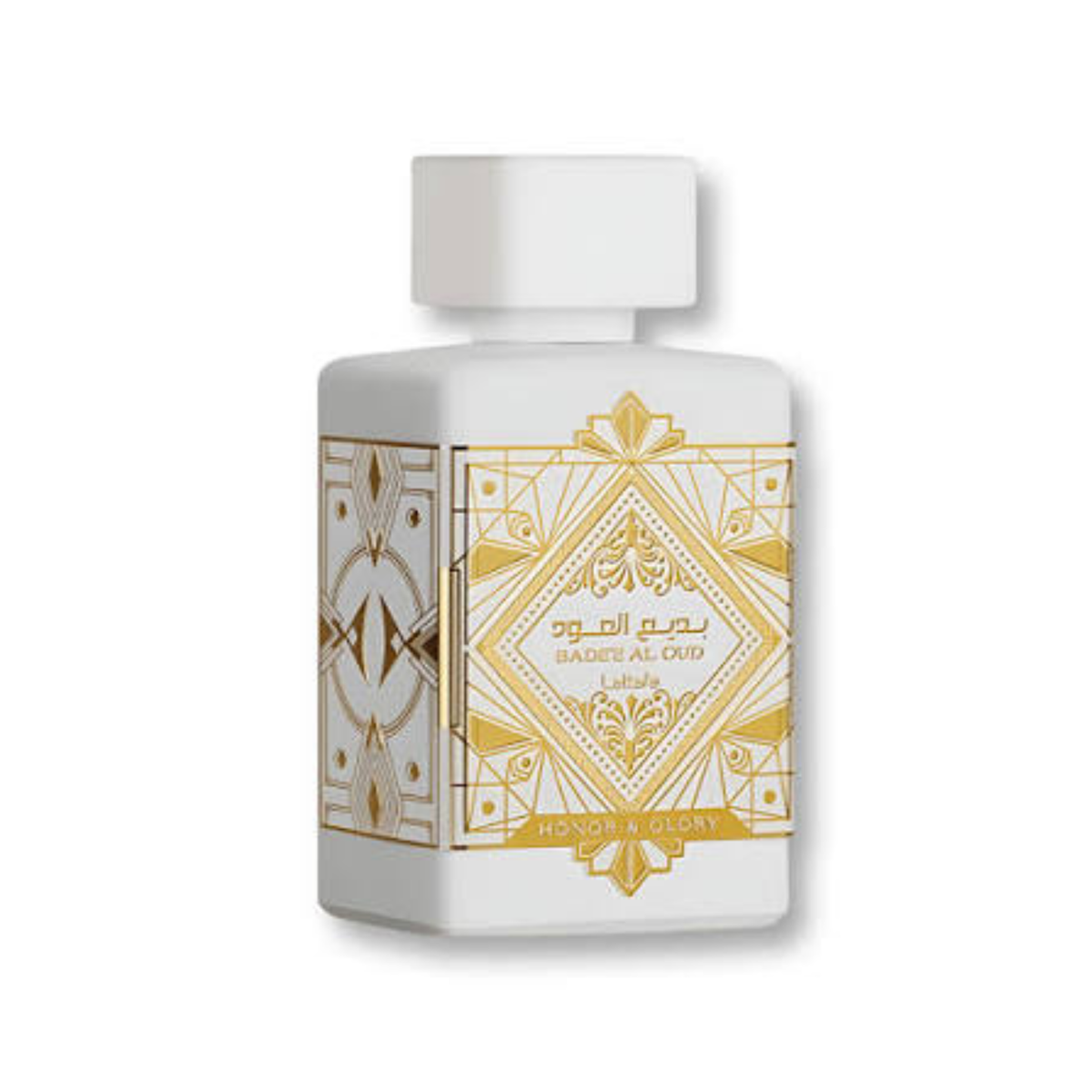 Lattafa Badee Al Oud Honor And Glory EDP 100ml bottle front view featuring white and gold architectural design