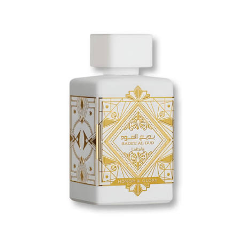 Lattafa Badee Al Oud Honor And Glory EDP 100ml bottle front view featuring white and gold architectural design